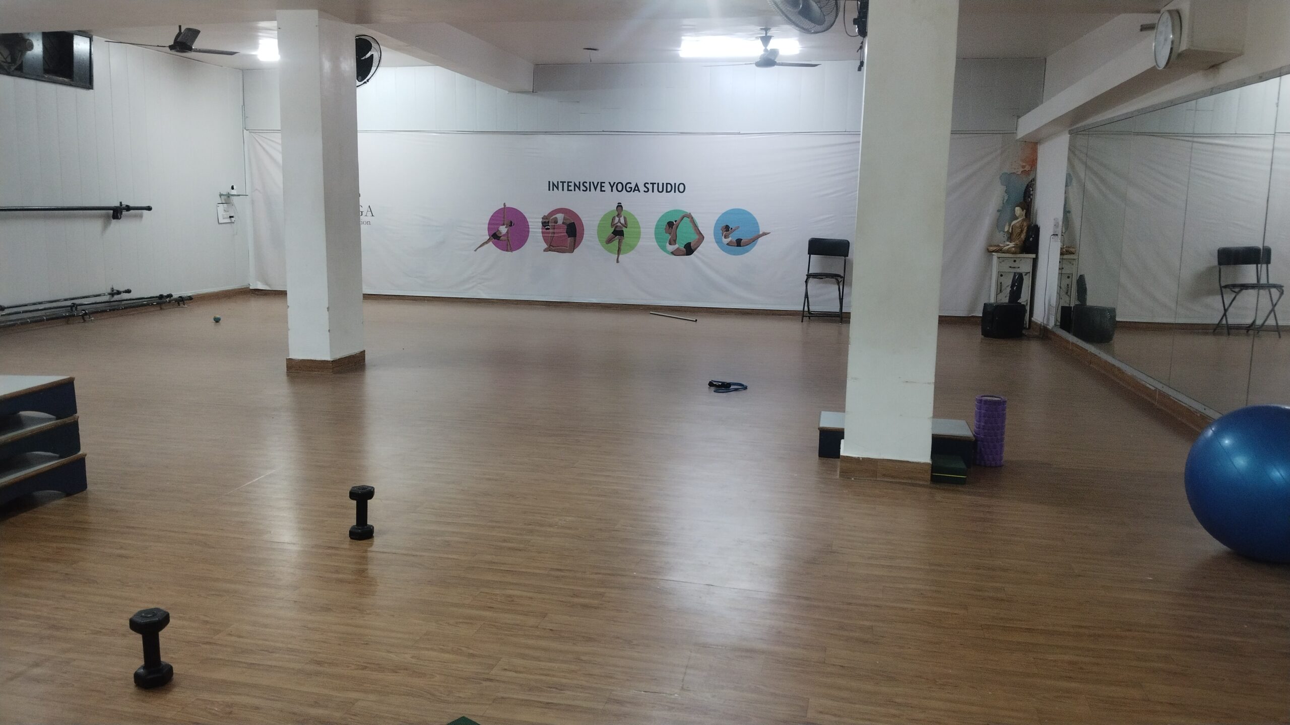 Wide view of the yoga studio